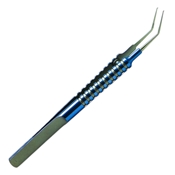 Precision Blue And Gold Titanium Kraff-Utrata Capulorhexis Forceps On A Round Handle With Round Grooves For Grip With Extremely Thin Shanks, 11mm From Tip To Bend, Sharp Tips, And An Overall Length Of 4" (100mm) 